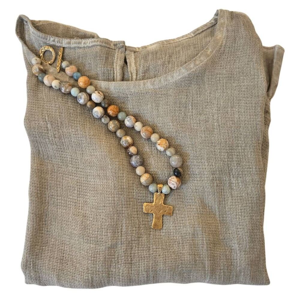 Womens Multicolor Beaded Hammered Gold Cross Pendant Necklace Fashion Jewelry